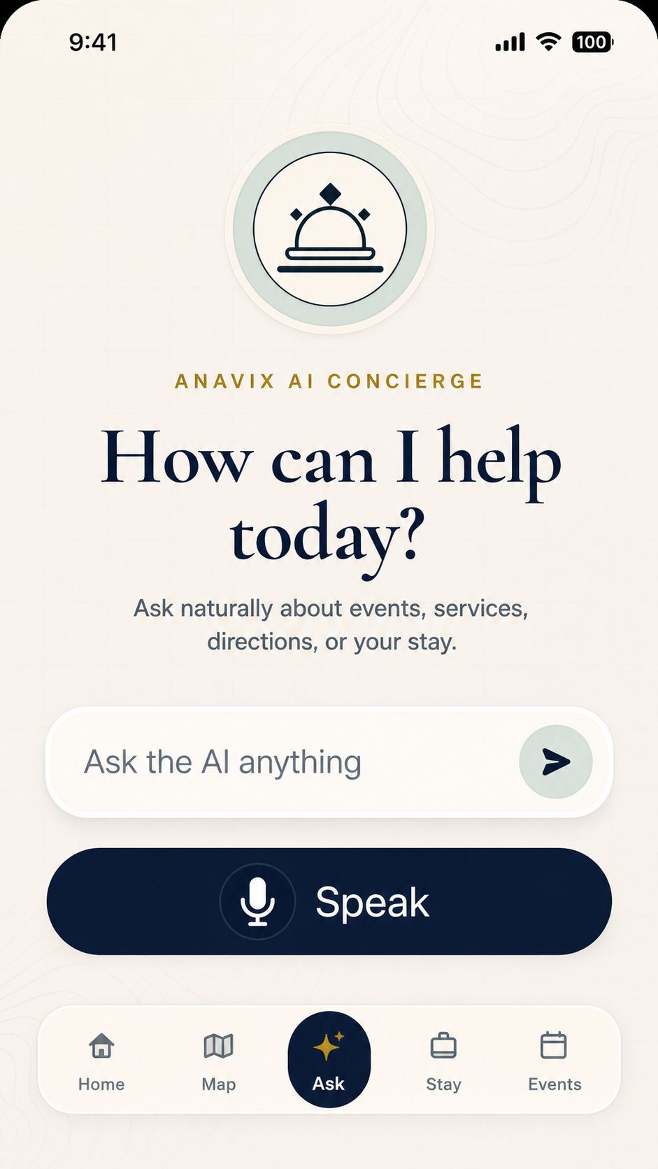 Anavix AI concierge mobile app preview asking how it can help a hotel guest today